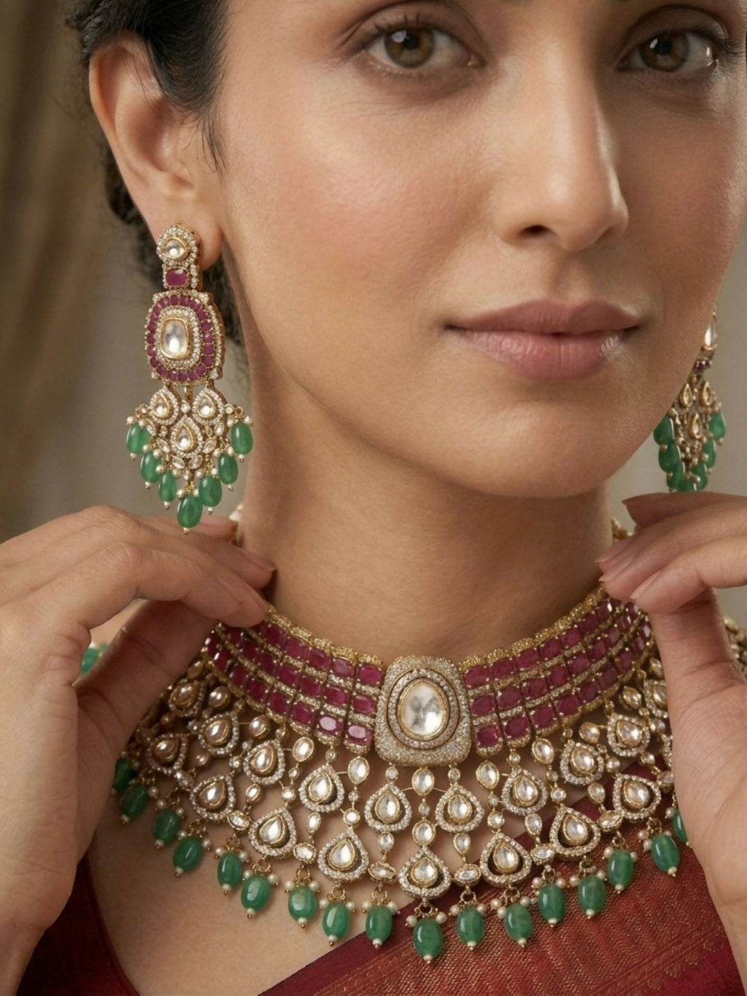 Royal Kundan & Emerald Bridal Choker Set with Maangtikka | SHOBITAM