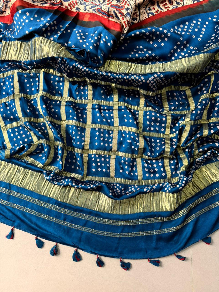 Beige Modal Silk Jugalbandi Saree in Bandhni Ajrakh Fusion with Contrast Border and Gharchola Pallu | SHOBITAM