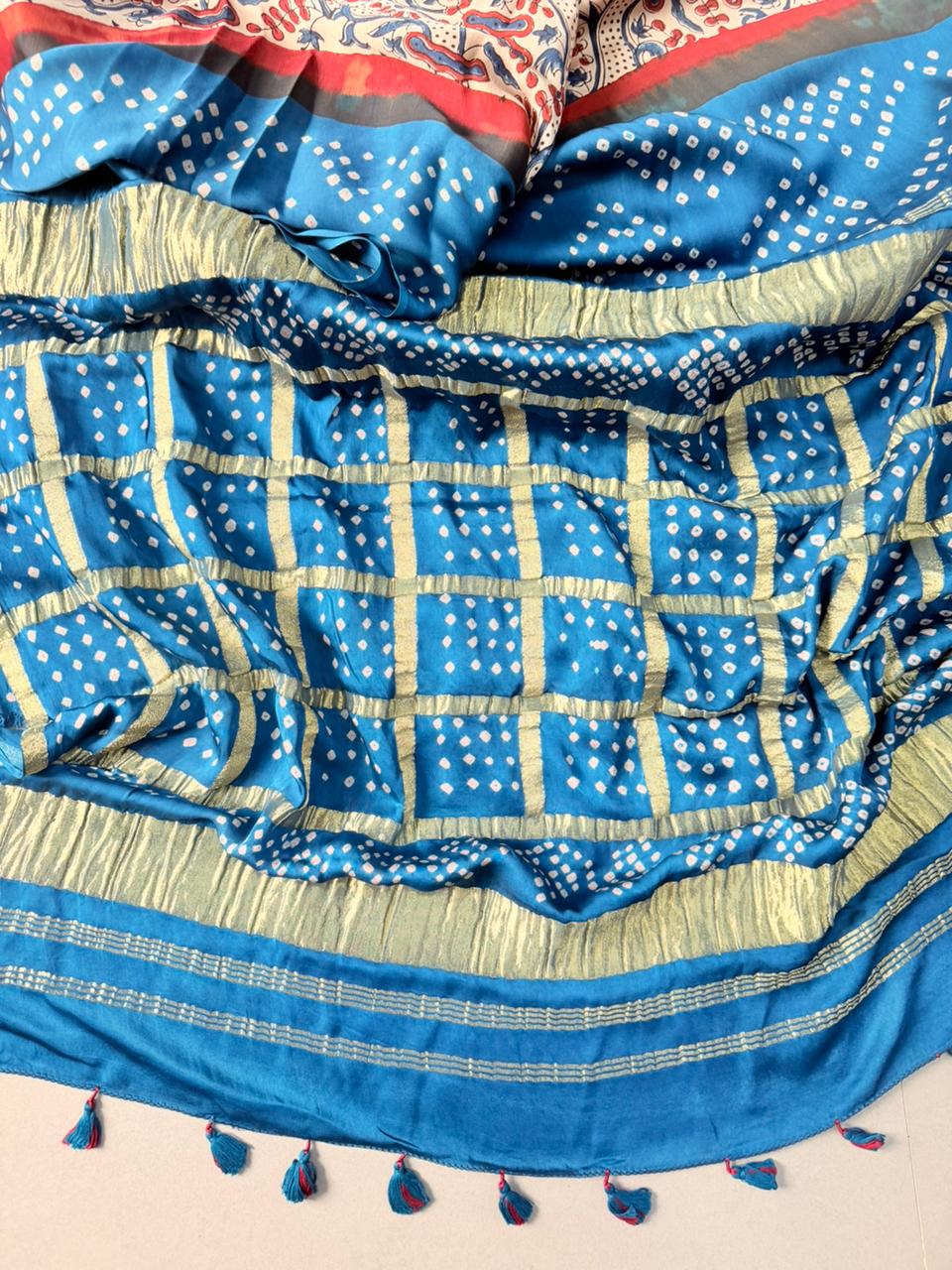 Beige Modal Silk Jugalbandi Saree in Bandhni Ajrakh Fusion with Contrast Border and Gharchola Pallu | SHOBITAM