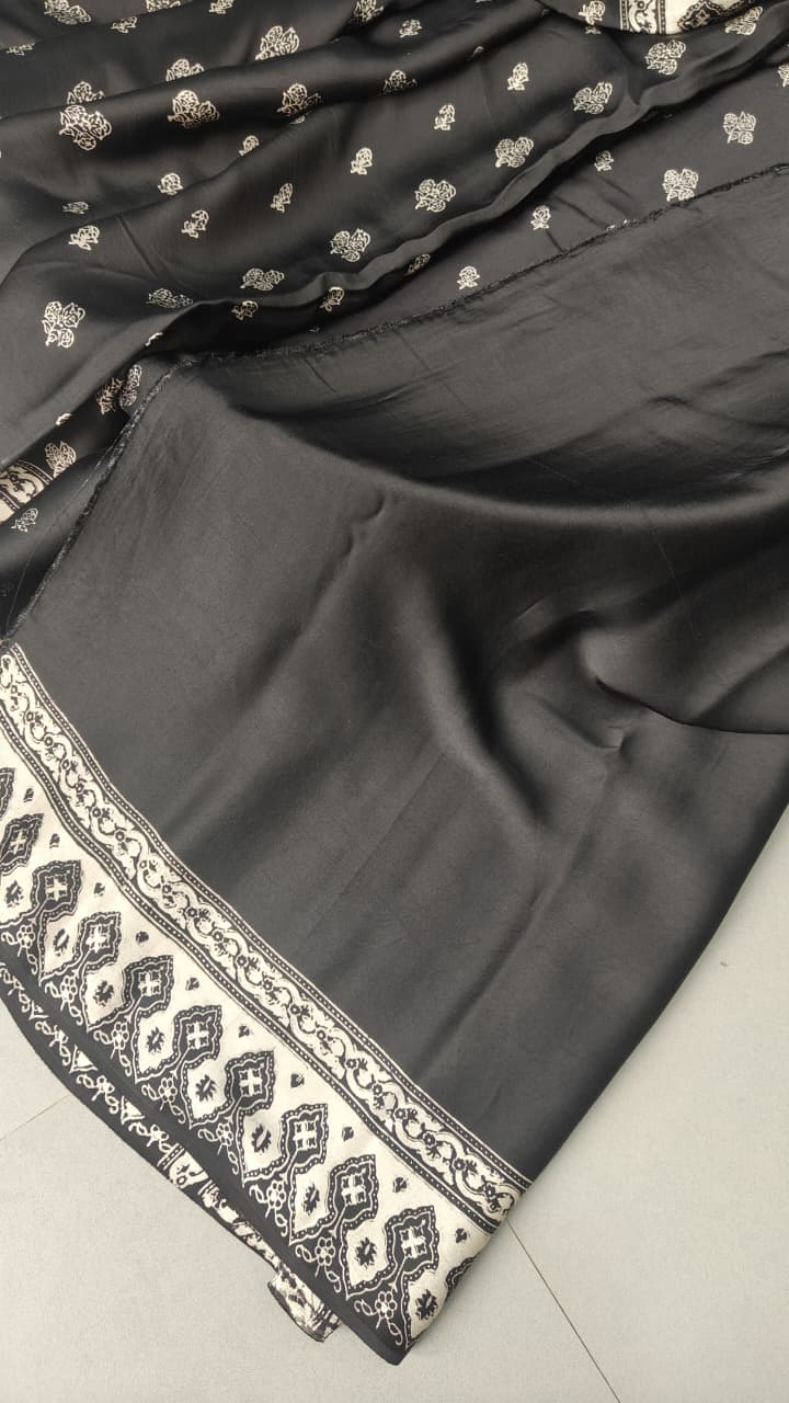 Statement Black and White Authentic Ajrakh  Hand Block Print on Modal Silk Saree | SHOBITAM