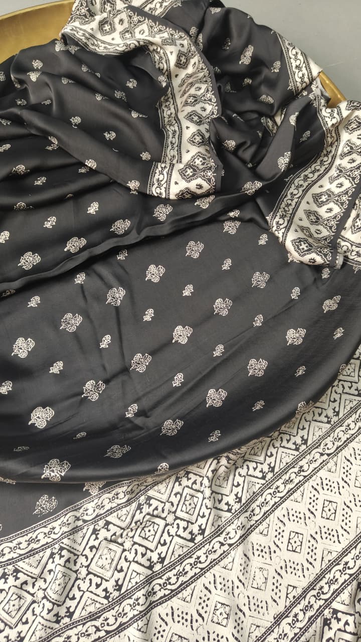 Statement Black and White Authentic Ajrakh  Hand Block Print on Modal Silk Saree | SHOBITAM