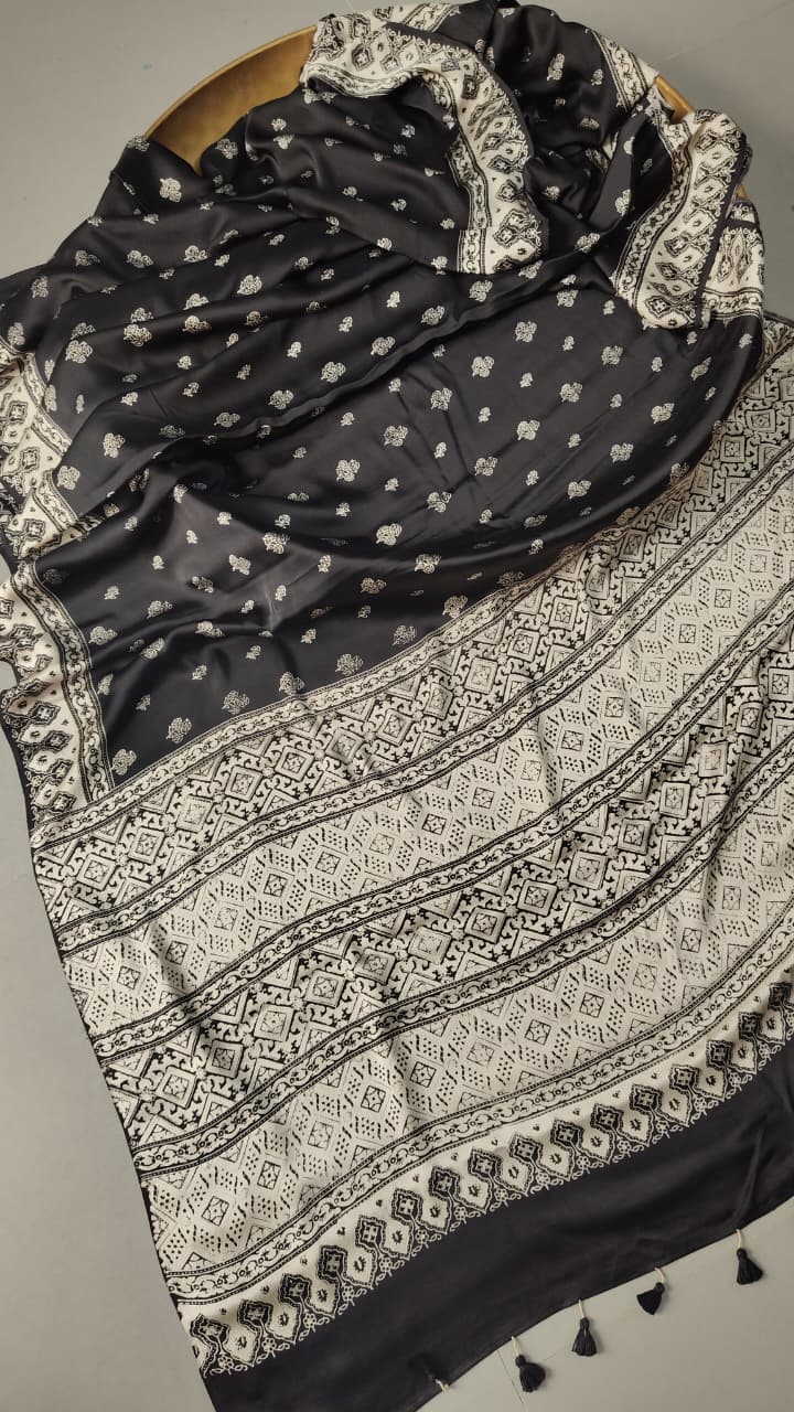 Statement Black and White Authentic Ajrakh  Hand Block Print on Modal Silk Saree | SHOBITAM