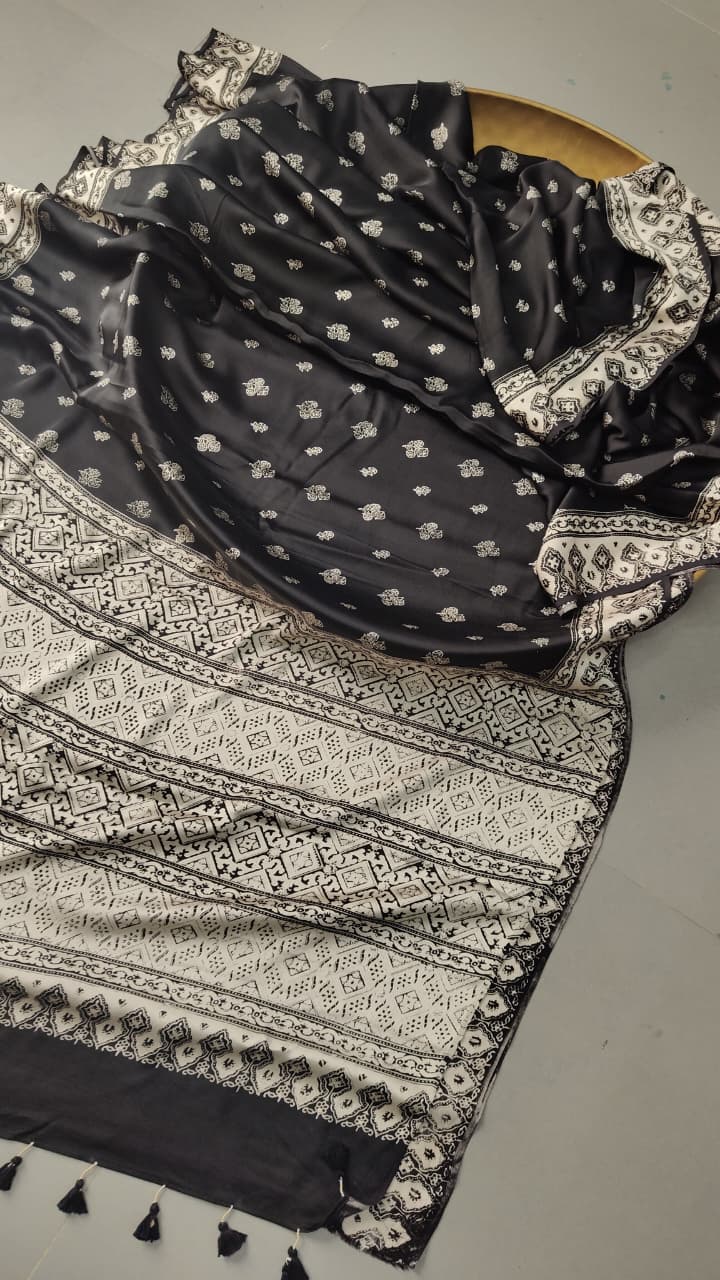Statement Black and White Authentic Ajrakh  Hand Block Print on Modal Silk Saree | SHOBITAM