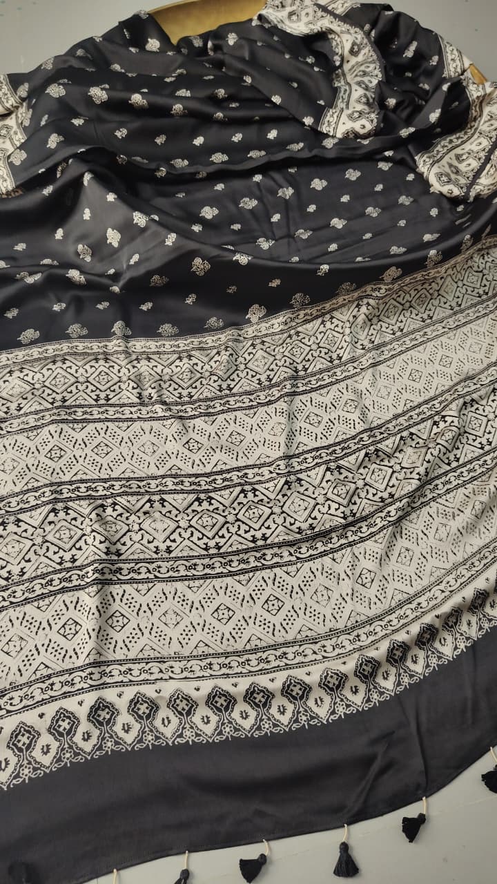 Statement Black and White Authentic Ajrakh  Hand Block Print on Modal Silk Saree | SHOBITAM