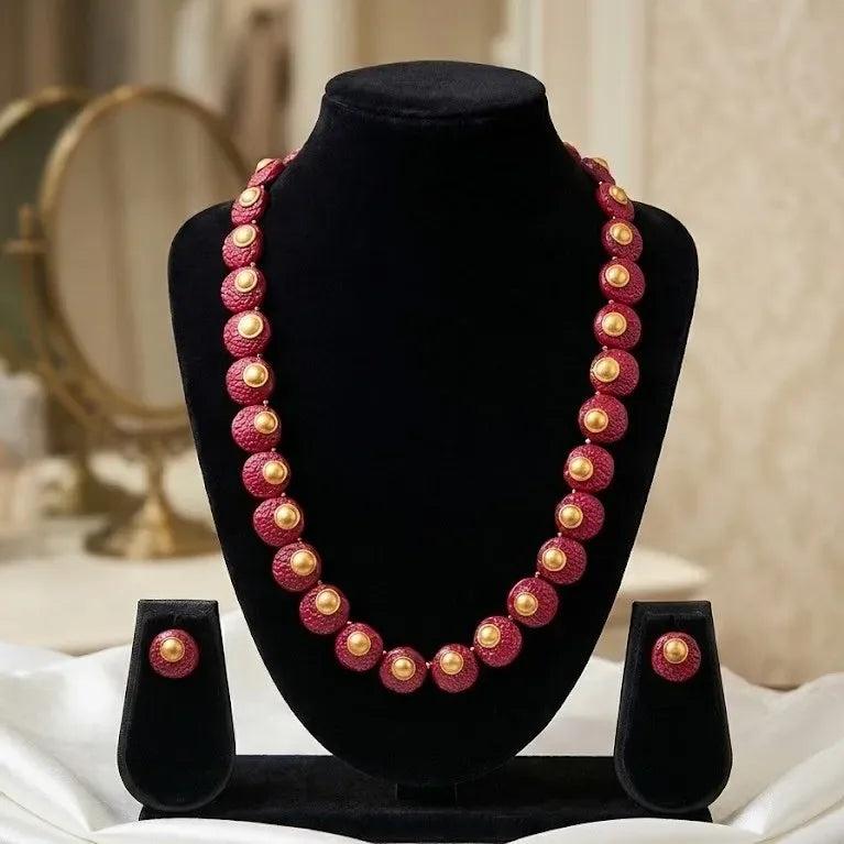 Terracotta Traditional Red Beaded Necklace Set – Ethnic Gold Tone Statement Jewelry| SHOBITAM