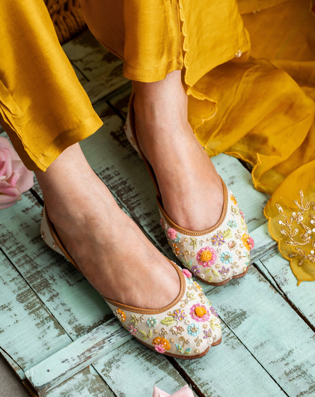 JULIA Hand-Embroidered Multicolor Floral French Knot Jutti | SHOBITAM