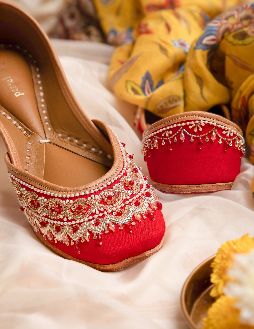 GULAAL Red Juttis with Pearl and Embroidery