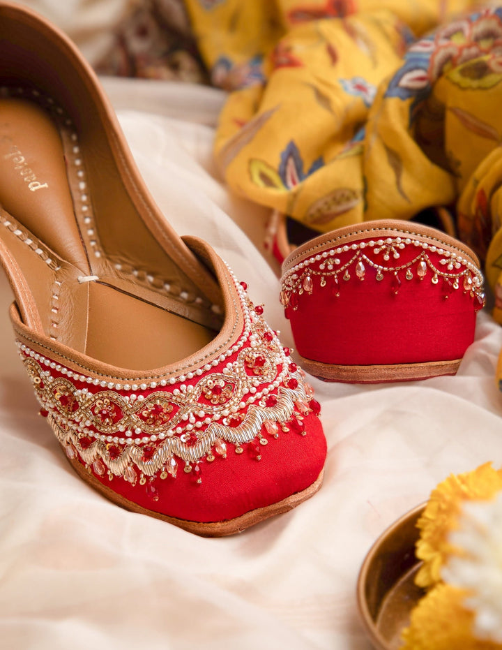 GULAAL Red Juttis with Pearl and Embroidery