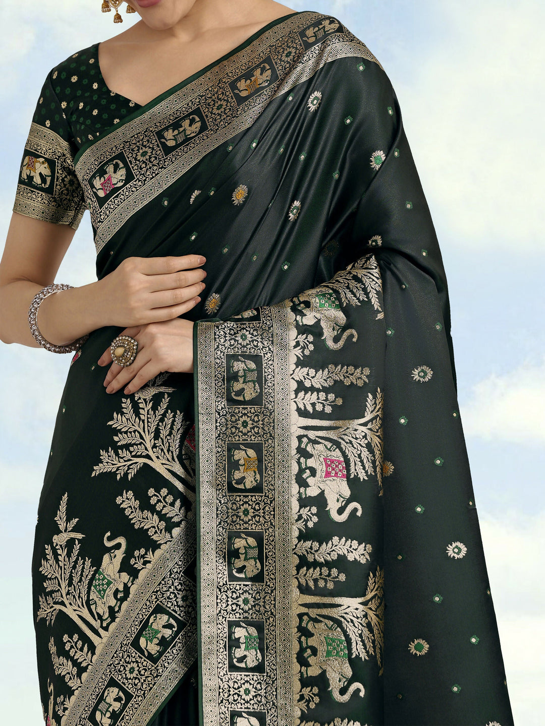 Dark Green Woven Banarasi Satin Silk Saree | SHOBITAM