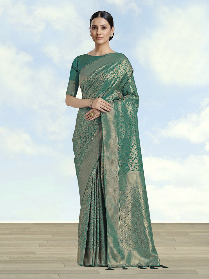 Teal Color Baanrasi Satin Silk Saree | SHOBITAM