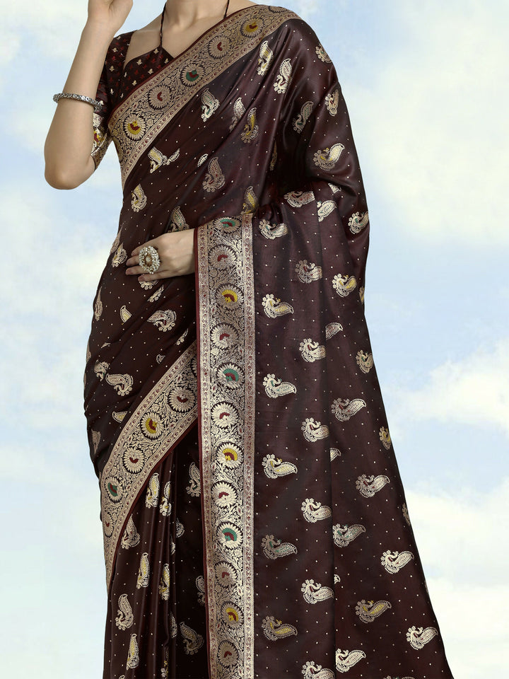 Maroon Color Banarasi Satin Silk Zari Weaving Saree | SHOBITAM