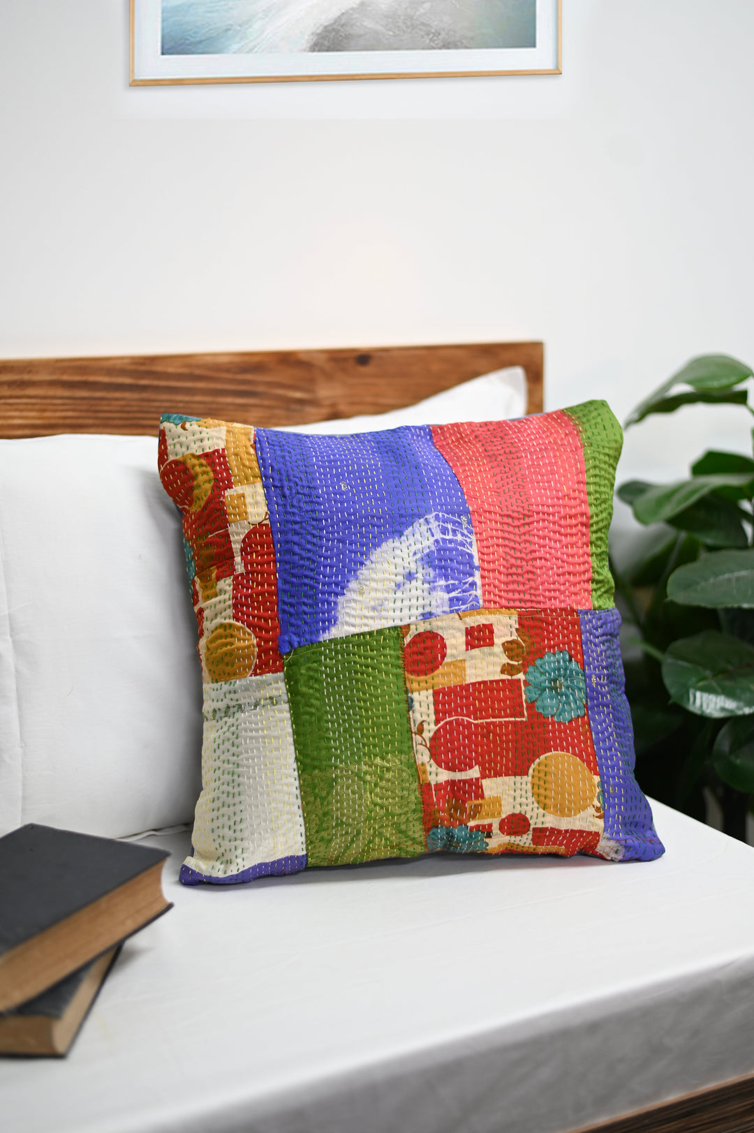 16 x 16 Multi Silk Patch Kantha Cushion cover - Pack of 1 | SHOBITAM