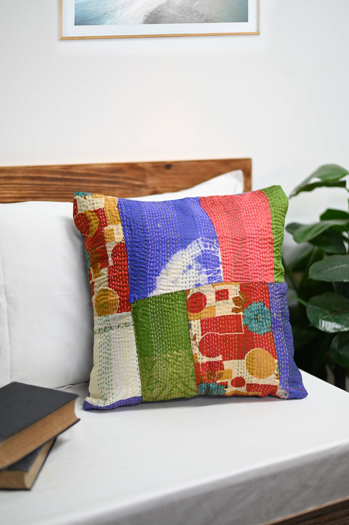 16 x 16 Multi Silk Patch Kantha Cushion cover - Pack of 1 | SHOBITAM
