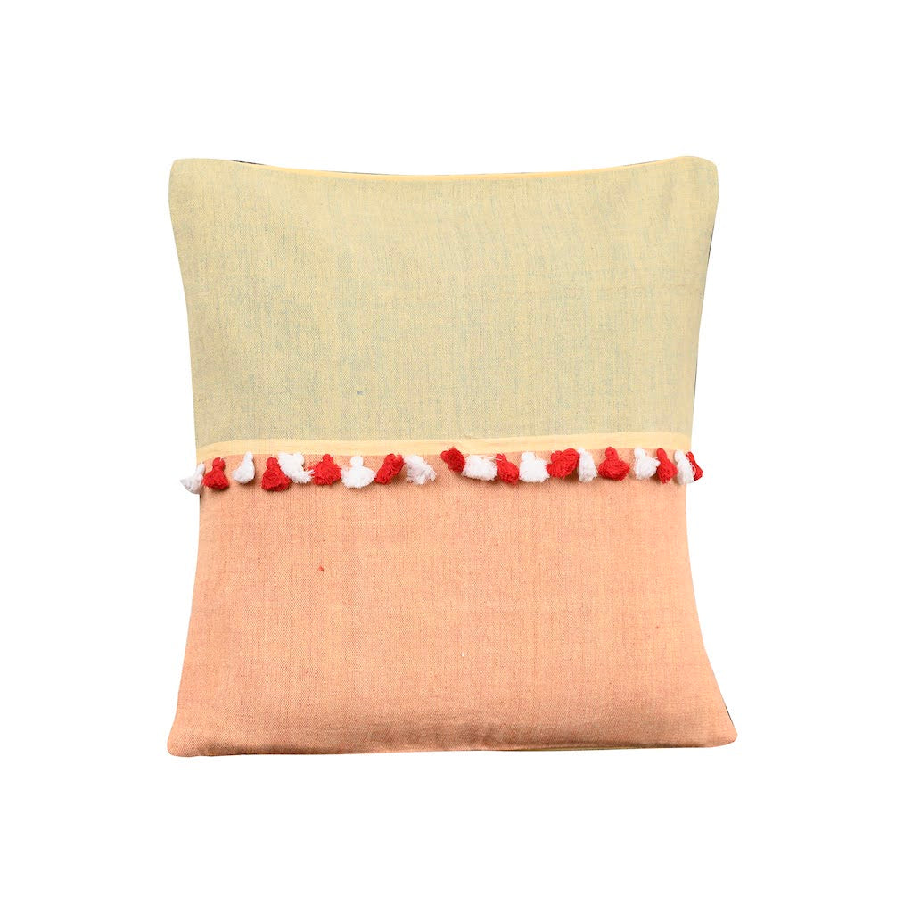 Peach Yellow Cotton Cushion Cover with pompoms - Pack of 1 | SHOBITAM