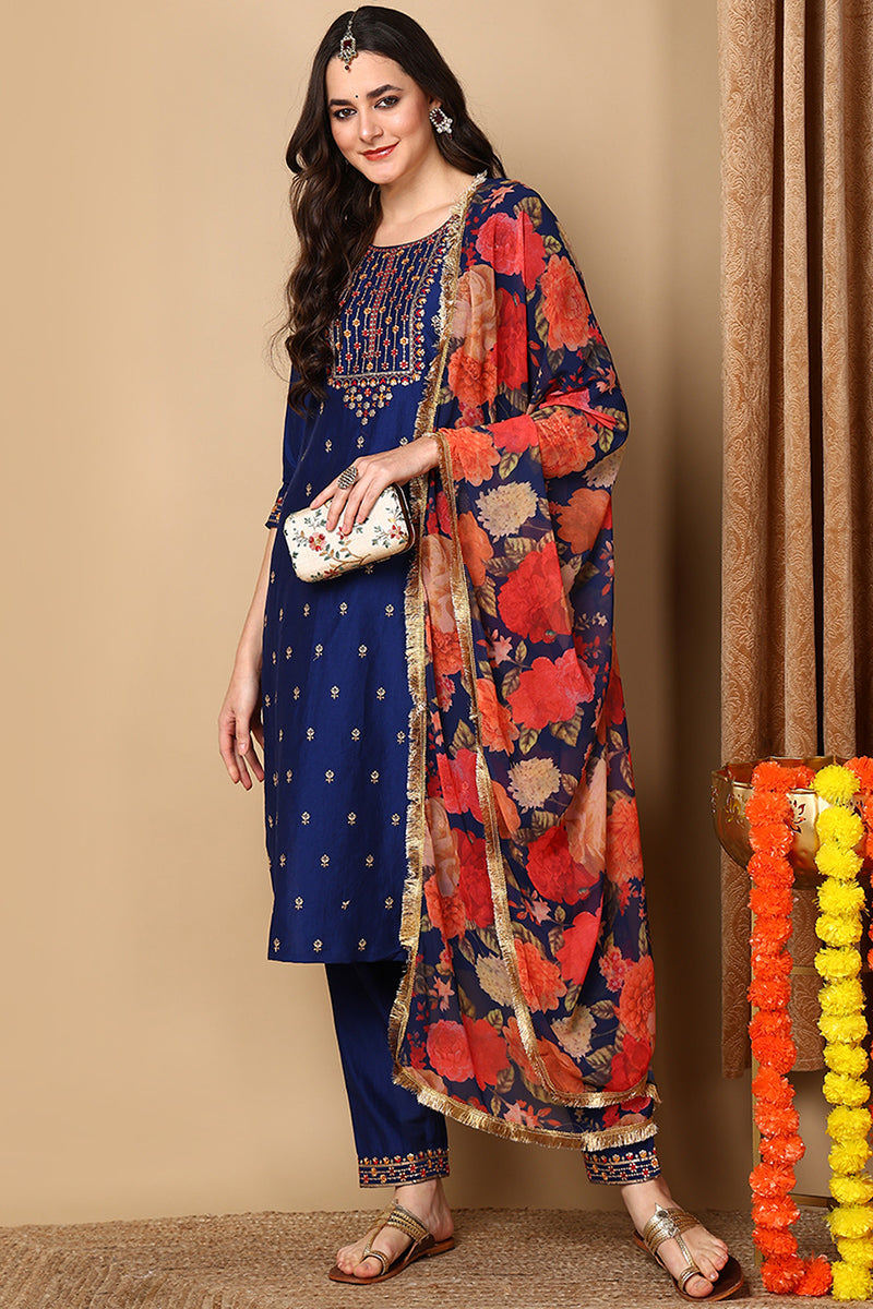 Navy Blue Silk Blend Solid Embroidered Straight Suit Set  | SHOBITAM
