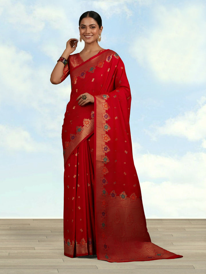 Red Semi Banarasi Silk Blend Saree With Zari Woven Work | SHOBITAM