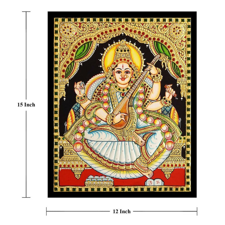 15*12" Saraswathi Tanjore painting Authentic with 22 Ct Gold Foil and Jaipur Gemstones, Unframed | SHOBITAM