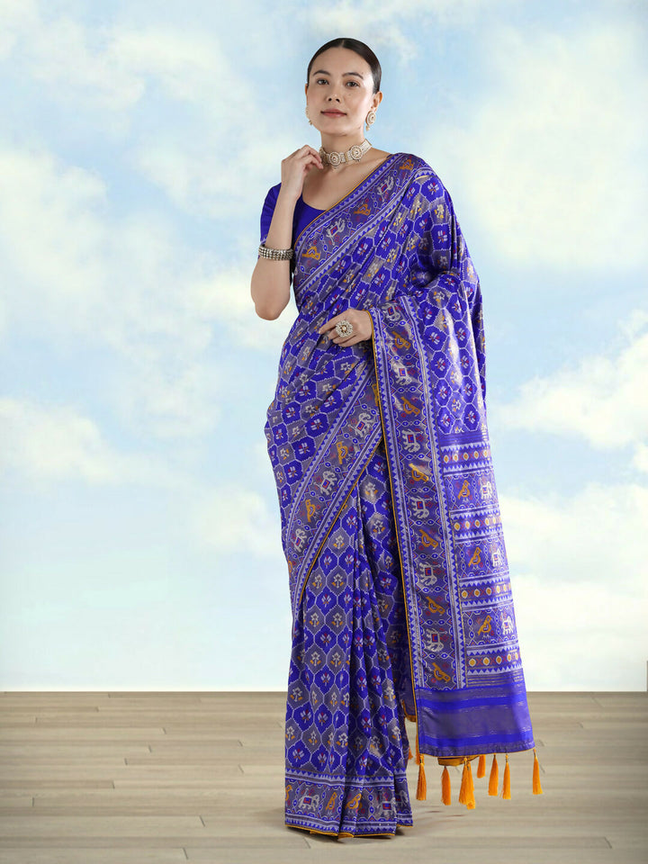 Navy Blue Semi Banarasi Satin Silk Saree With Patola Work | SHOBITAM