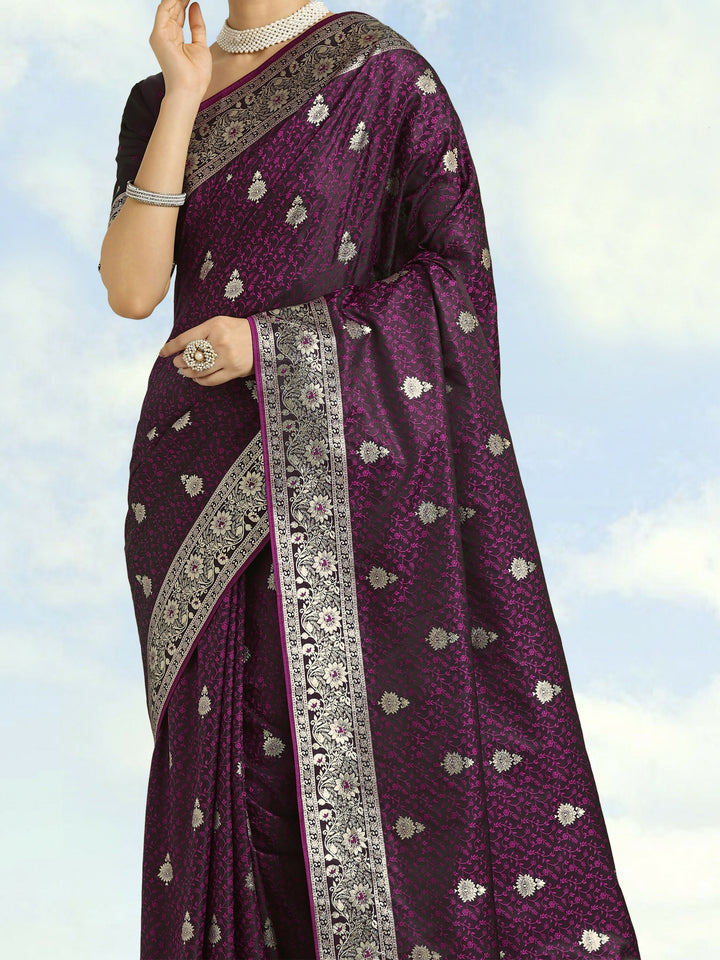 Wine Banarasi Satin Silk Saree | SHOBITAM