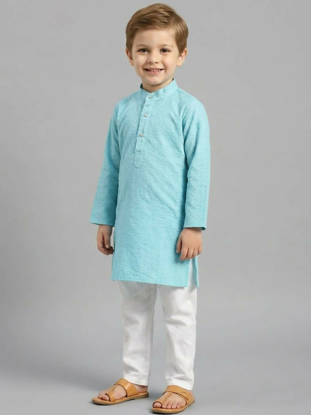Boys Blue Textured Kurta Pajama Set | Ethnic Wear for Kids | SHOBITAM