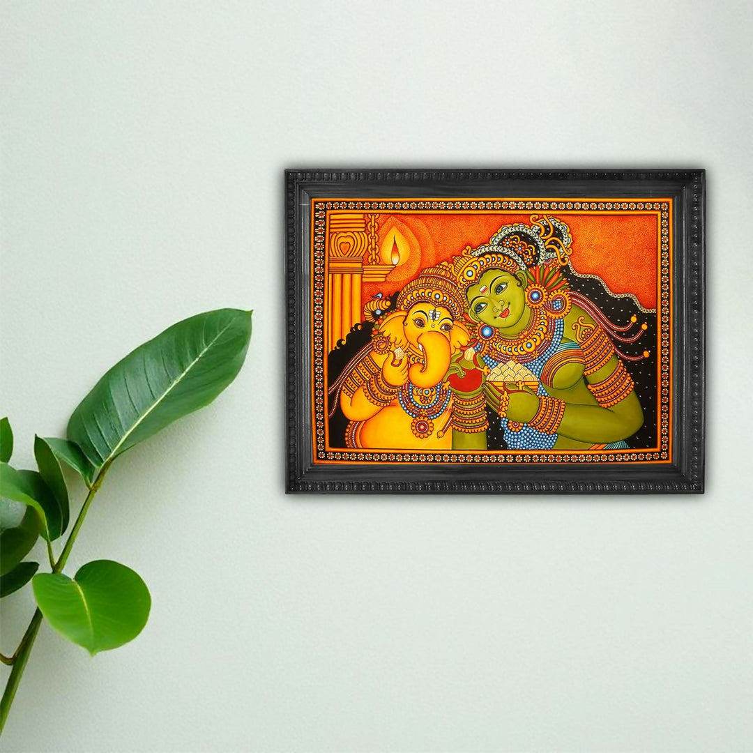 GANESHA WITH PARVATHI KERALA MURAL PAINTING 34*46 | SHOBITAM