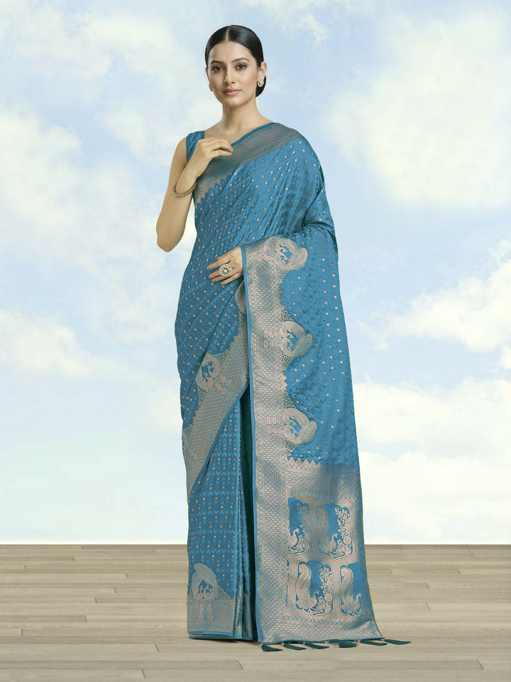 Cyan blue Woven Banarasi Satin Silk Saree | SHOBITAM
