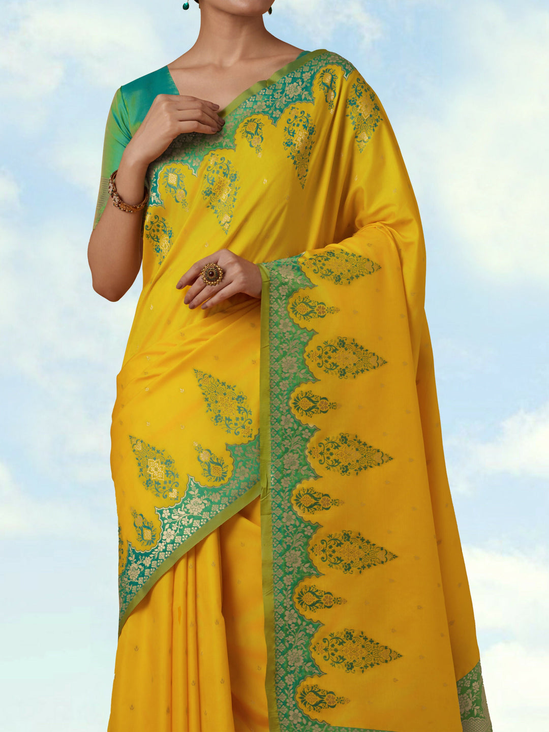 Yellow Semi Banarasi Silk Blend Saree with Zari Woven Work | SHOBITAM