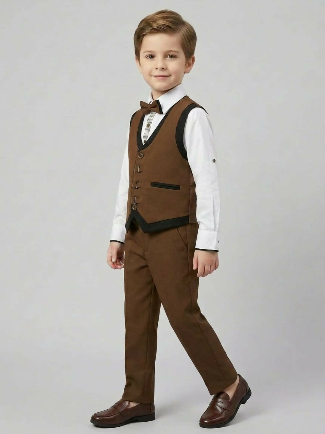 Boys Formal Brown Waistcoat Suit Set with Shirt, Trousers and Bow Tie | SHOBITAM
