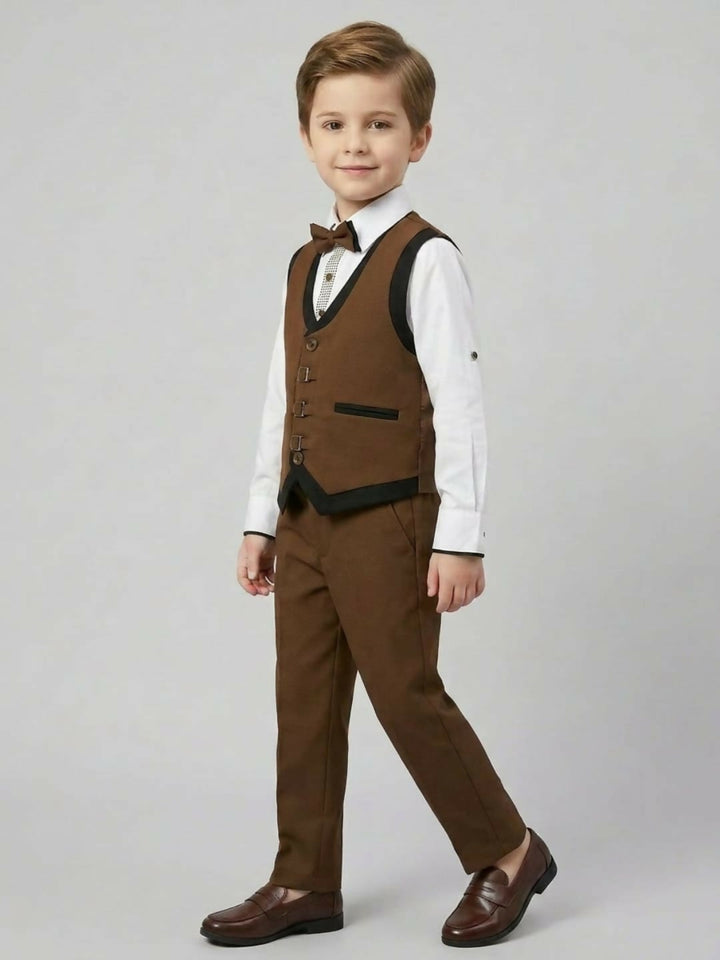 Boys Formal Brown Waistcoat Suit Set with Shirt, Trousers and Bow Tie | SHOBITAM