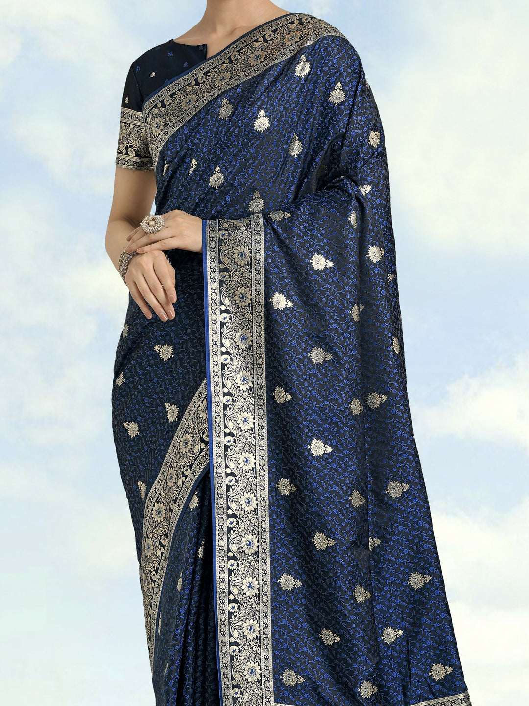 Blue Banarasi Satin Silk Saree | SHOBITAM