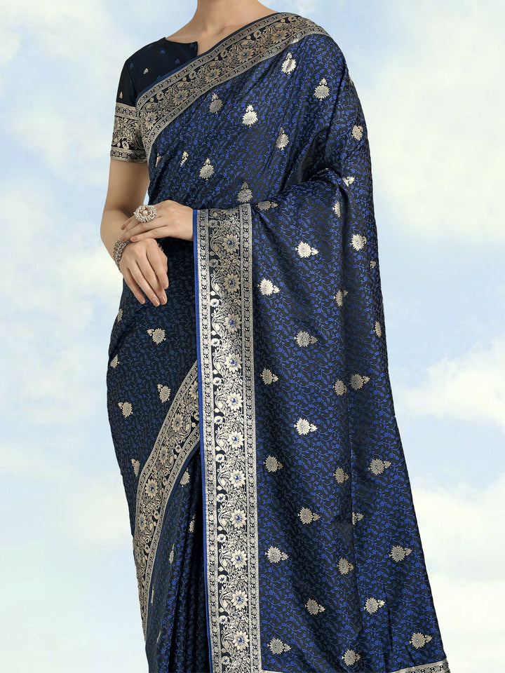 Blue Banarasi Satin Silk Saree | SHOBITAM