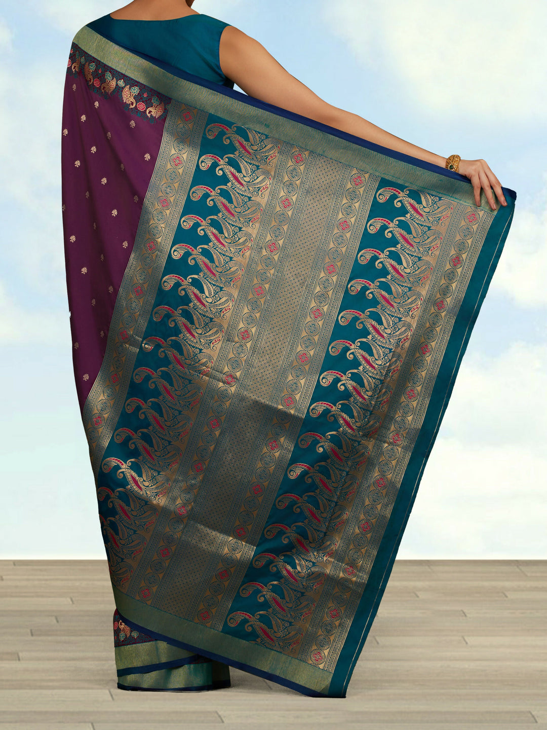 Dark Purple Banarasi Silk Blend Saree | SHOBITAM