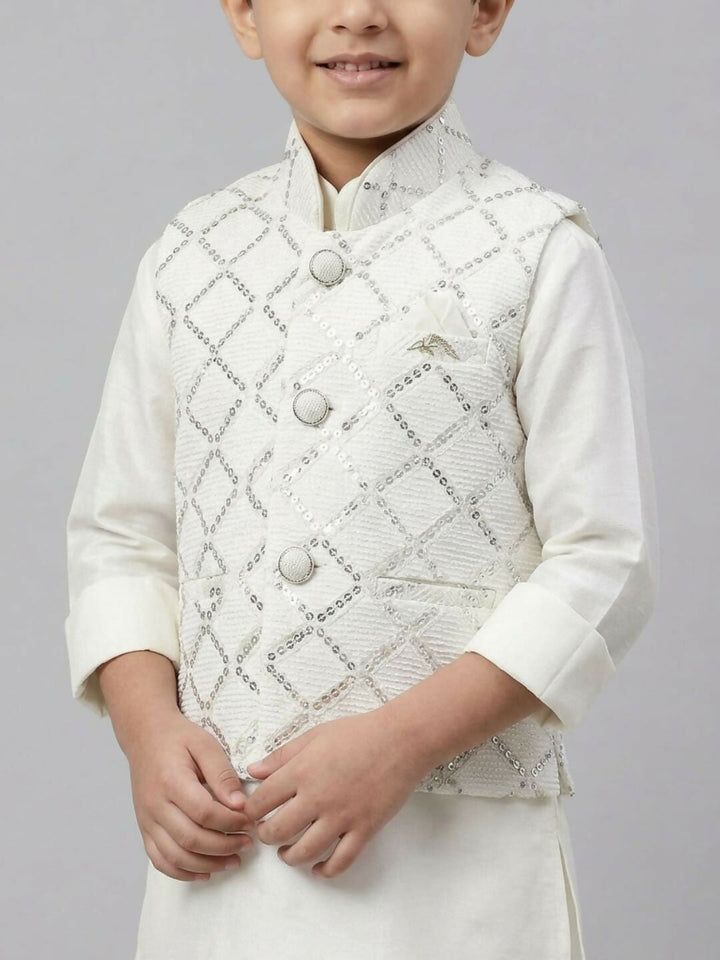 Boys White Kurta Pajama Set with Embroidered Nehru Jacket | SHOBITAM