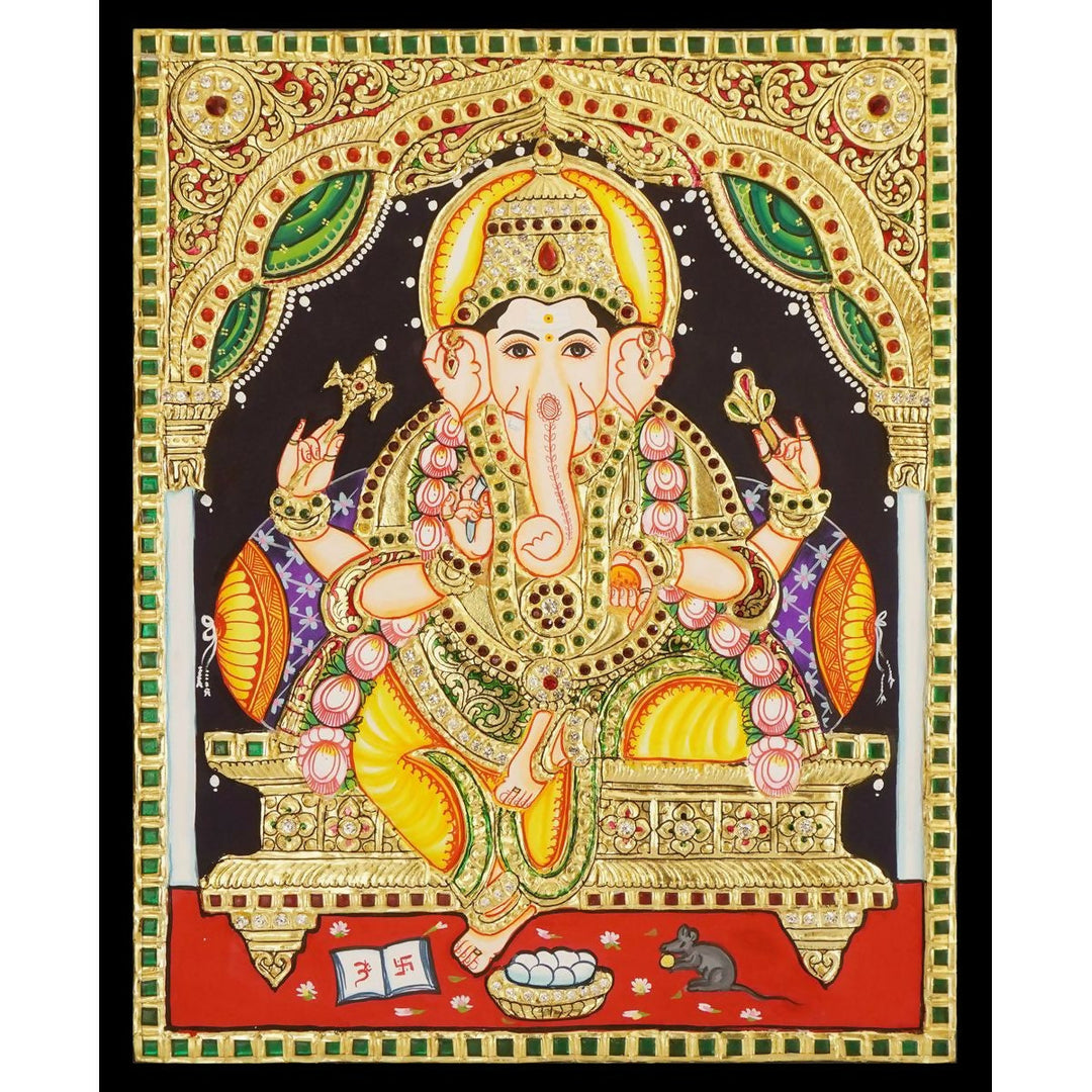 12*15 TANJORE PAINTING Lord Ganesha Authentic With 22 Ct Gold Foil and Jaipur Gemstones,Unframed | SHOBITAM