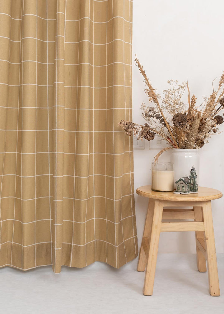 Cabin Checks 100% cotton geometric curtain for living room - Room darkening - Brown - Single Piece | SHOBITAM
