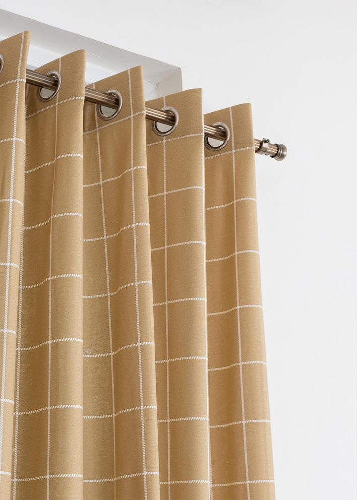 Cabin Checks 100% cotton geometric curtain for living room - Room darkening - Brown - Single Piece | SHOBITAM