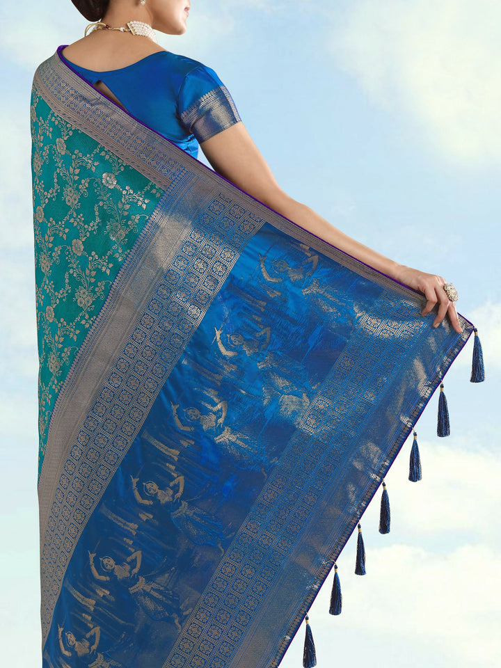 Turquoise Banarasi Semi Silk Saree With Zari Woven Design  | SHOBITAM