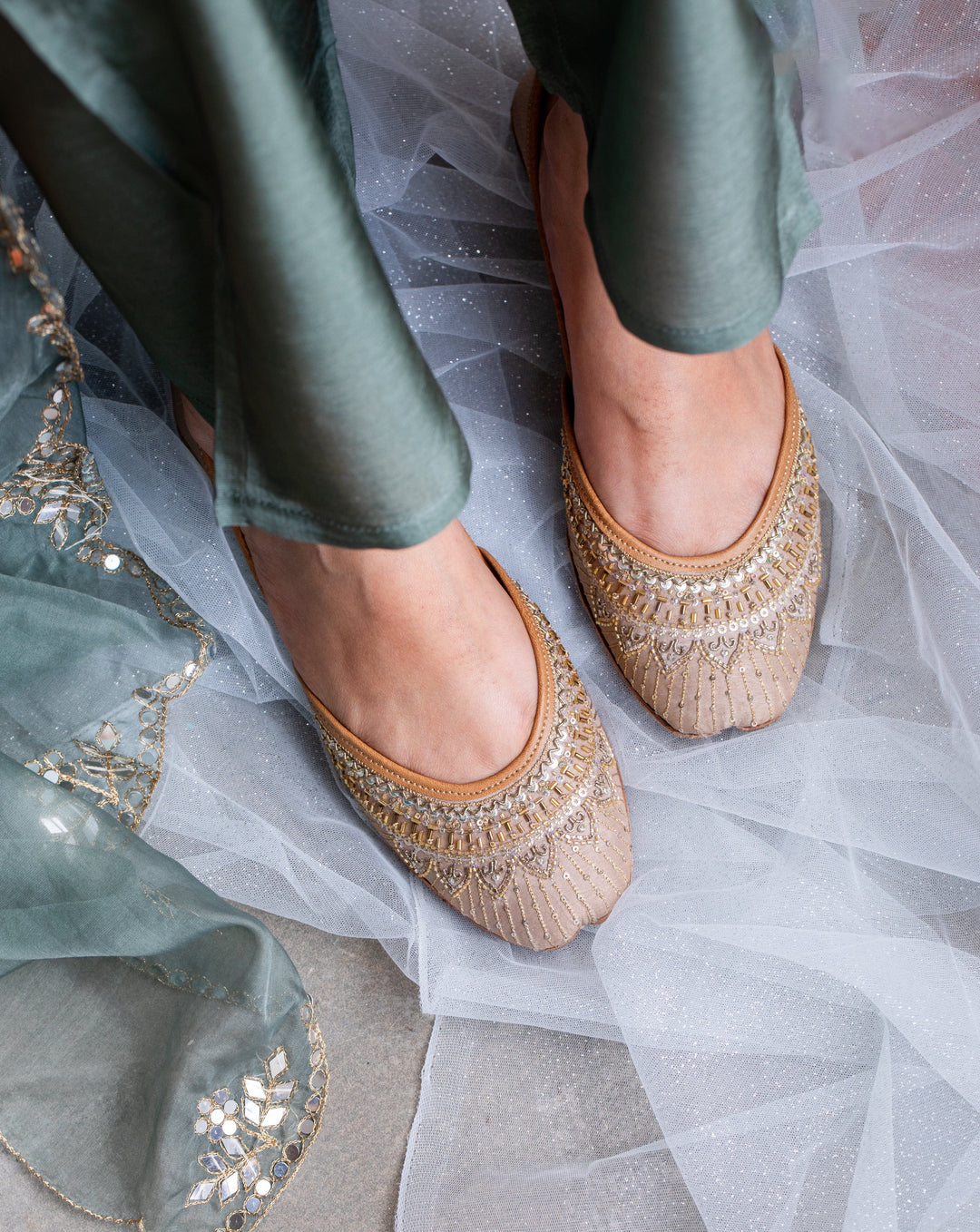 AURORA Hand-Embroidered Champagne Gold Sequin and Bugle Bead Jutti | SHOBITAM