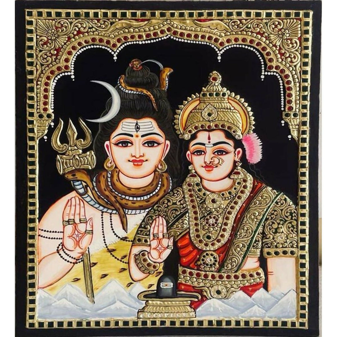 12*15 TANJORE PAINTING SHIVA and PARVATHI Authentic With 22 Ct Gold Foil and Jaipur Gemstones,Unframed