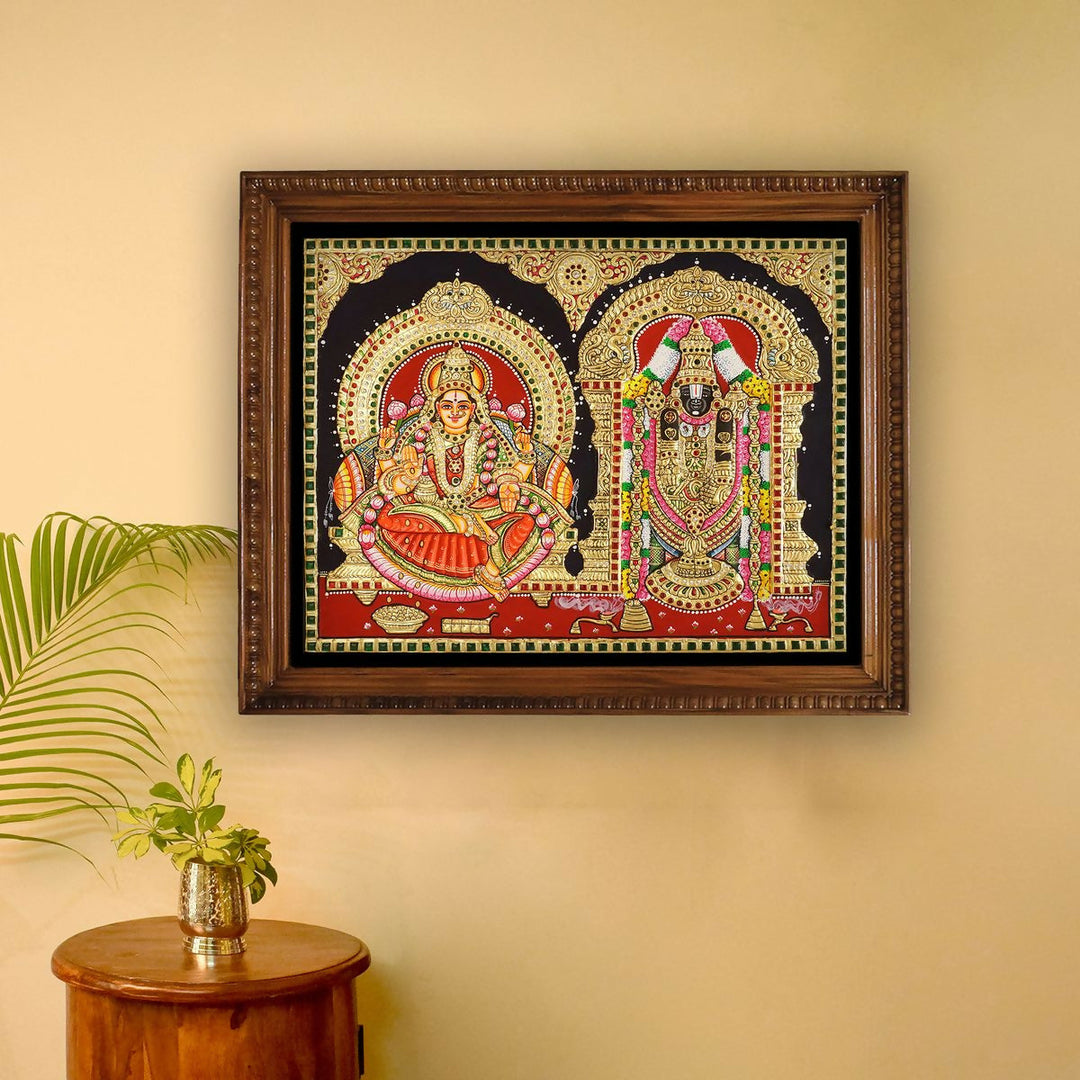 16*20 Authentic TANJORE PAINTING BALAJI SIDE LAKSHMI With 22 Ct gold Foil and Jaipur Gemstones,Unframed | SHOBITAM