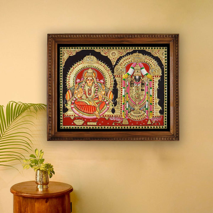 16*20 Authentic TANJORE PAINTING BALAJI SIDE LAKSHMI With 22 Ct gold Foil and Jaipur Gemstones,Unframed | SHOBITAM