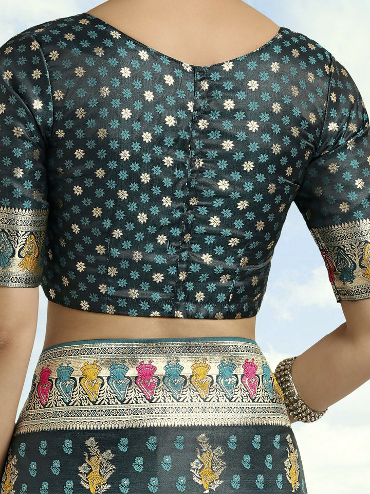 Teal With Gold Bordar Banarasi Satin Zari Woven Saree | SHOBITAM