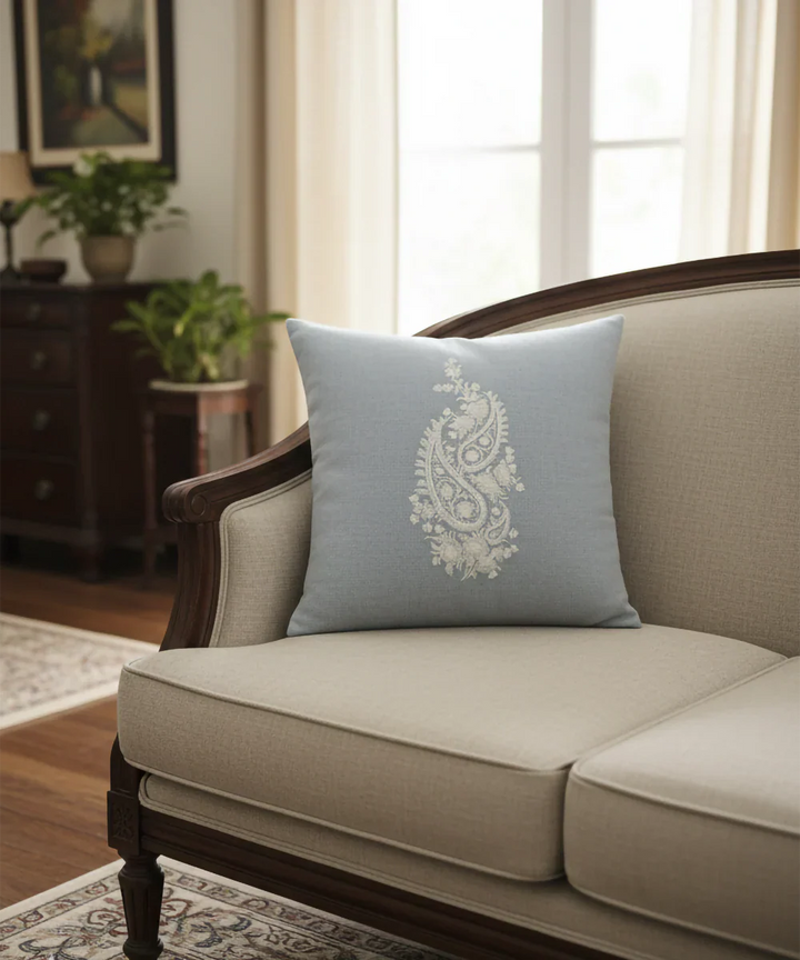 Powder Blue Ecru Double Paisley Embroidered Herringbone Cotton Cushion Cover (16x16 Inches) | SHOBITAM