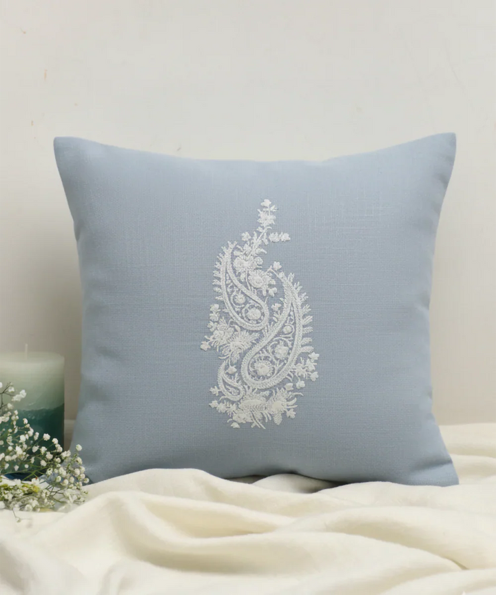 Powder Blue Ecru Double Paisley Embroidered Herringbone Cotton Cushion Cover (16x16 Inches) | SHOBITAM