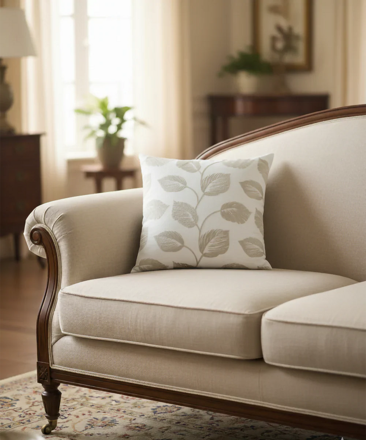 Cream & Beige Leaf All over Embroidered Cotton Cushion Cover (16x16 Inches) | SHOBITAM