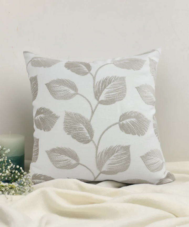 Cream & Beige Leaf All over Embroidered Cotton Cushion Cover (16x16 Inches) | SHOBITAM