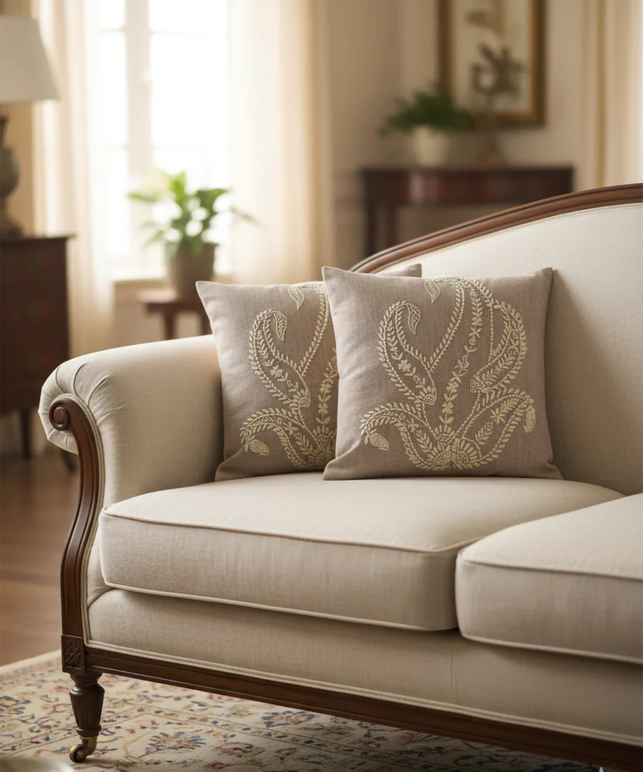 Light Brown Paisley Hand Embroidered Cushion Cover (16 x 16 Inches) | SHOBITAM