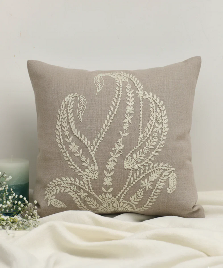 Light Brown Paisley Hand Embroidered Cushion Cover (16 x 16 Inches) | SHOBITAM