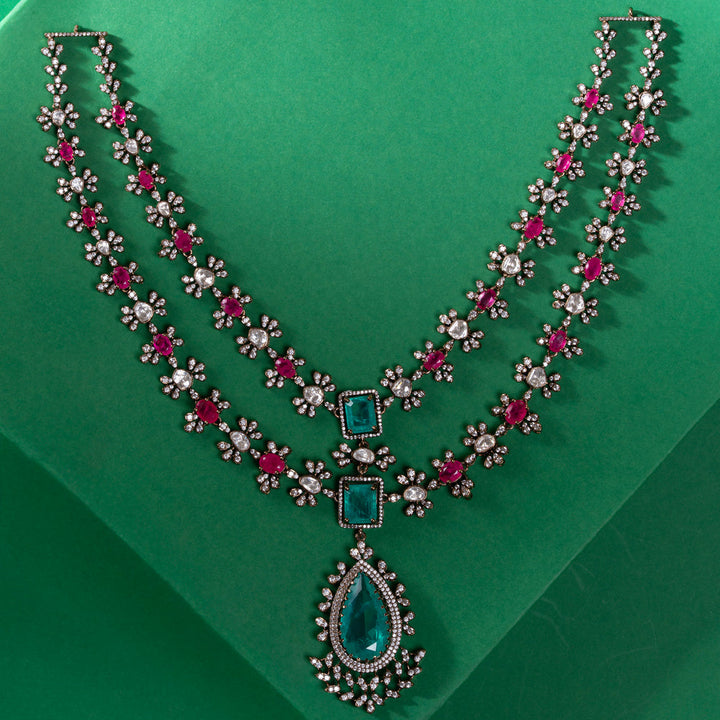 Pure 92.5 Silver, 2 layer Victorian Necklace set With Pink and White Stones