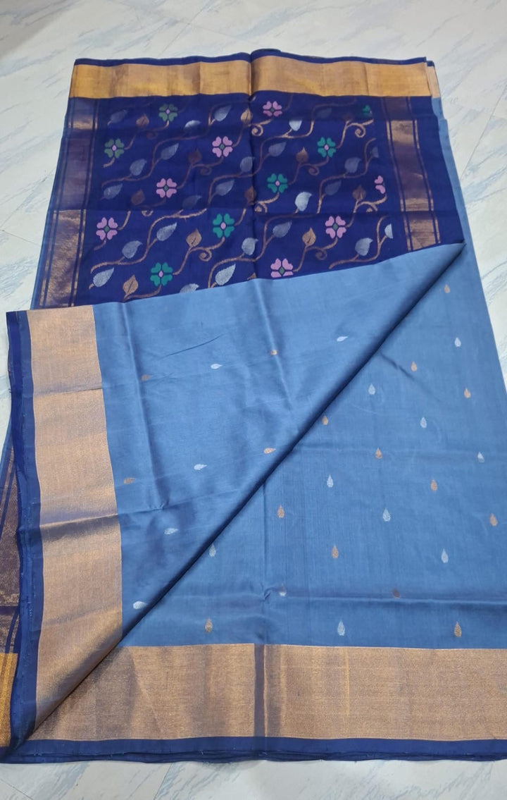 Ananda - Blue Handwoven Uppada Jamdani Silk Saree| SILK MARK CERTIFIED | SHOBITAM